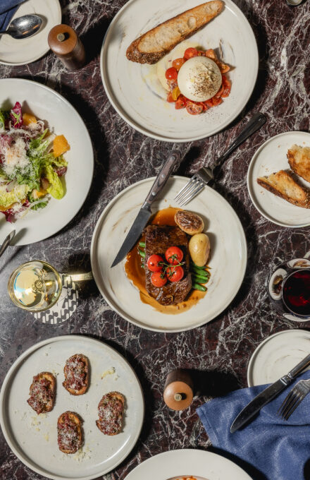 Birdseye shot of a food on a plate and drinks
