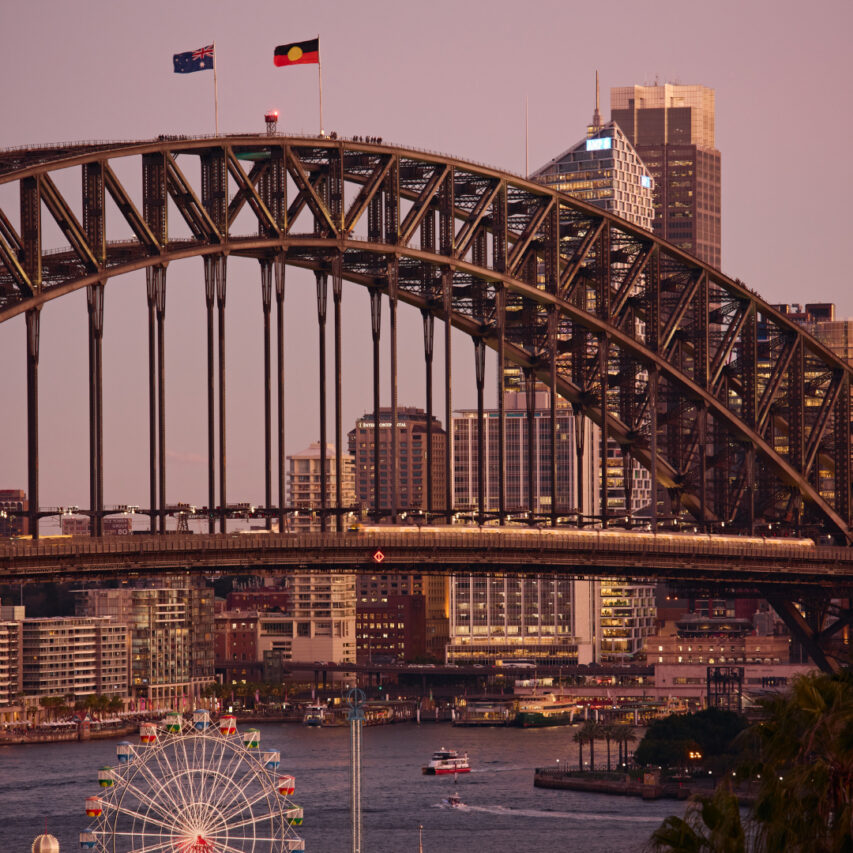 A scenic view of Melbourne's skyline featuring prominent skyscrapers, lush greenery in the foreground, under a clear blue sky with scattered clouds.
