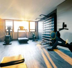 Sunlit hotel gym with modern fitness equipment, including treadmills and stationary bikes, offering a refreshing workout space.