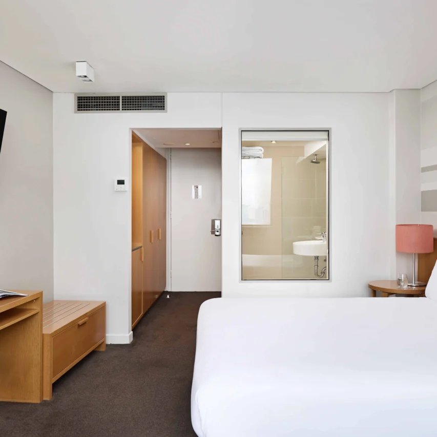 Bright hotel room with comfy queen bed, wall-mounted TV, spacious shower ensuite, and modern decor. Ideal city retreat.