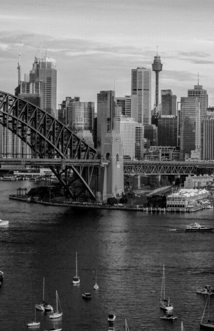 Downtown Sydney skyline in Australia from top view at twilight