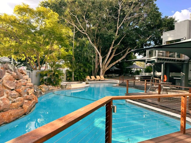 Sunny shot of pool and balcony area.