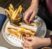VIEW SIGNATURE CLUB SANDWICH - Bacon, chicken, fried egg, lettuce, cheese, tomato and aioli.
