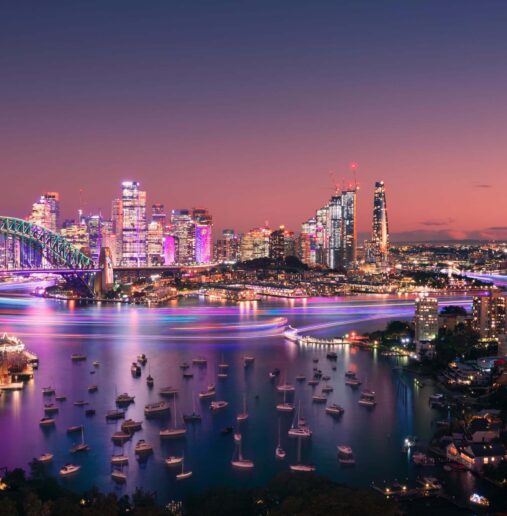 Views of the Sydney Harbour Bridge and Sydney Harbour during Vivid Sydney 2023, from the View Hotel in North Sydney.