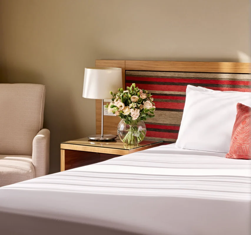 Image depicting a comfortable hotel room with a large bed, decorative pillows, elegant furnishings, and a cityscape visible through a large window. Calm and inviting atmosphere.