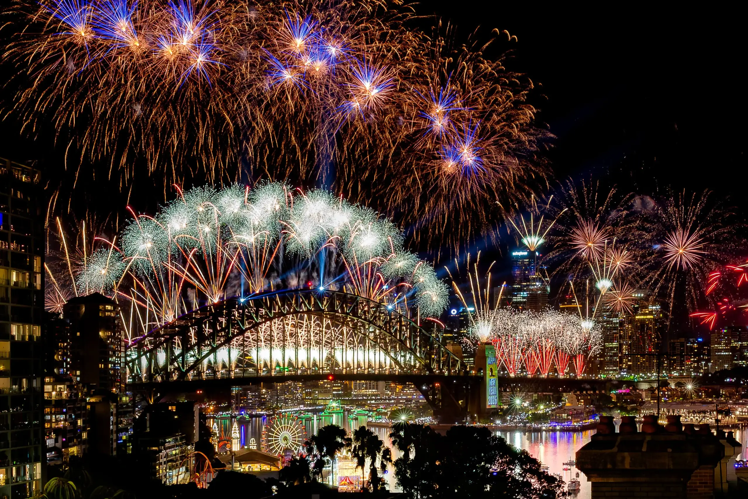 Guests raising a glass as the fireworks start